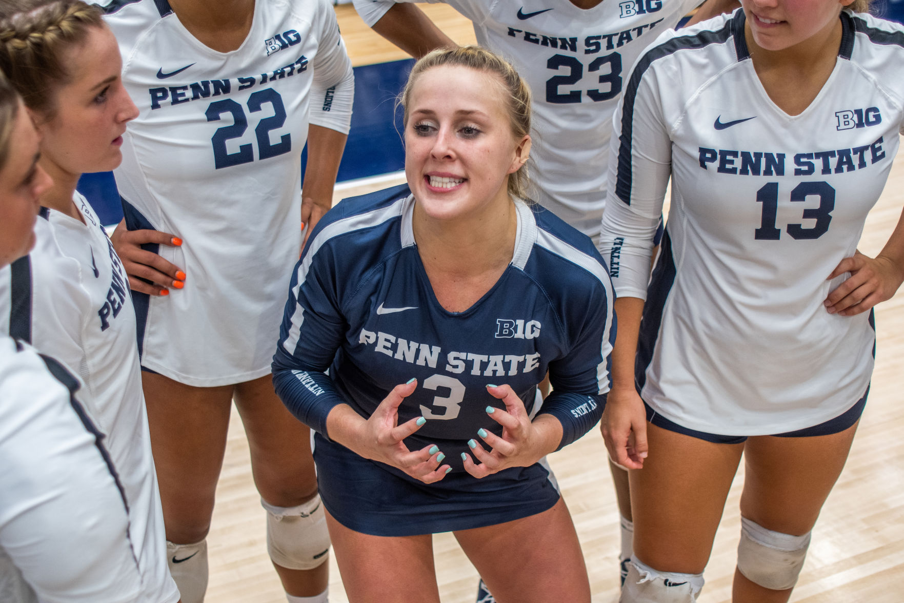 Penn State women's volleyball vs Stanford, Kendall White (3) post-game huddle